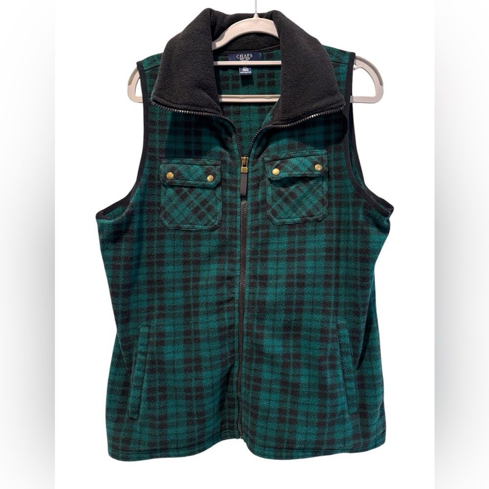 Chaps Full Zip Fleece Vest Side Pockets Green & Black Plaid Petite‎ Large